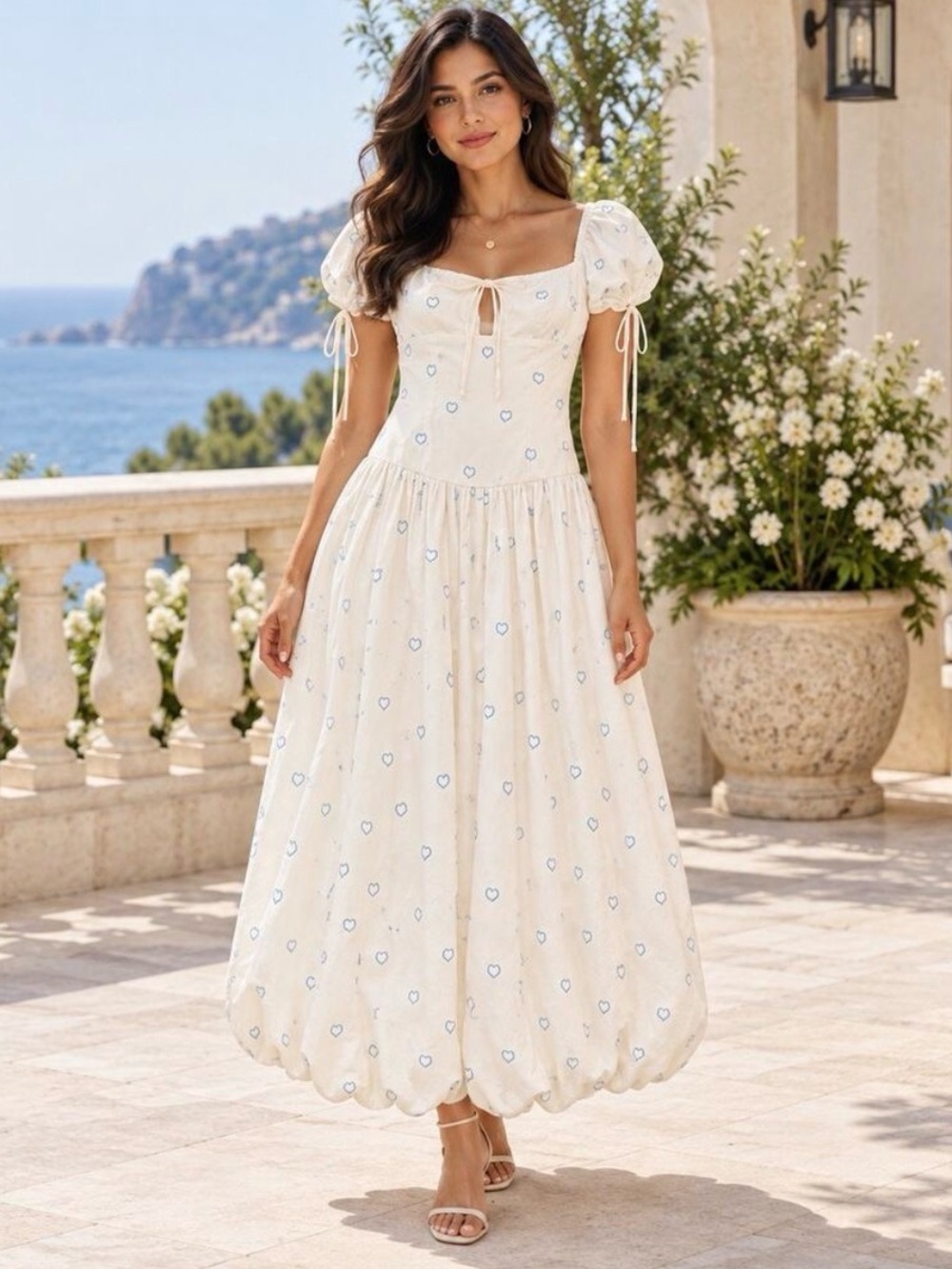 NEW Free People Bali Sprinkled Heart Puff Sleeve Cotton Maxi Dress SZ 4